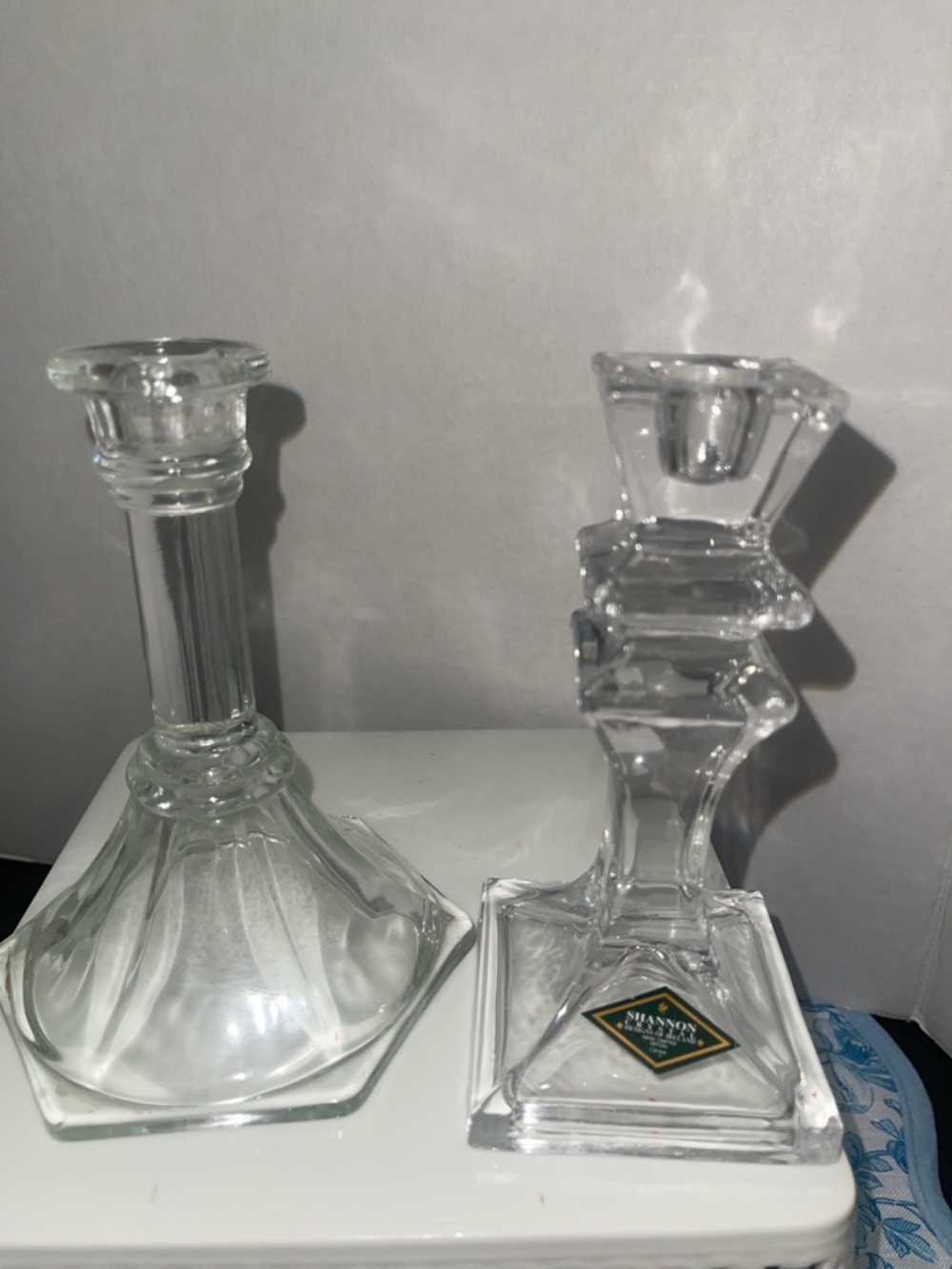 One Shannon Crystal Candlestick & 1 vintage glass candle stick by Homco USA